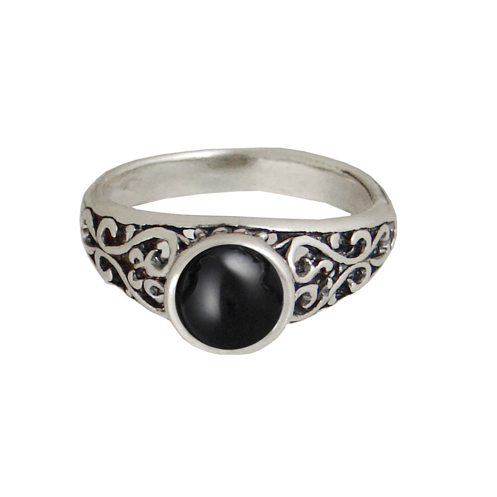Sterling Silver Filigree Hearts Ring With Black Onyx Size 10